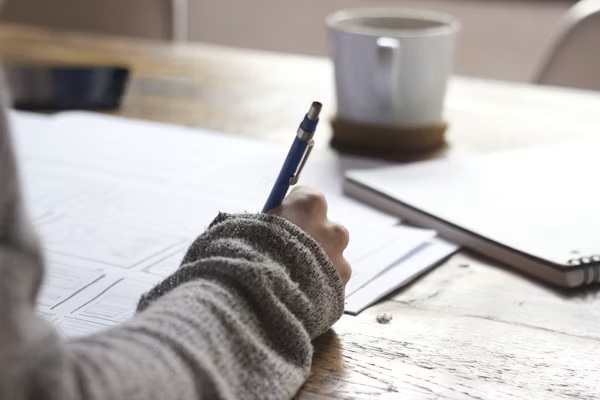 A woman writing at a desk with a pen from behind with a cup of coffee and notebook.