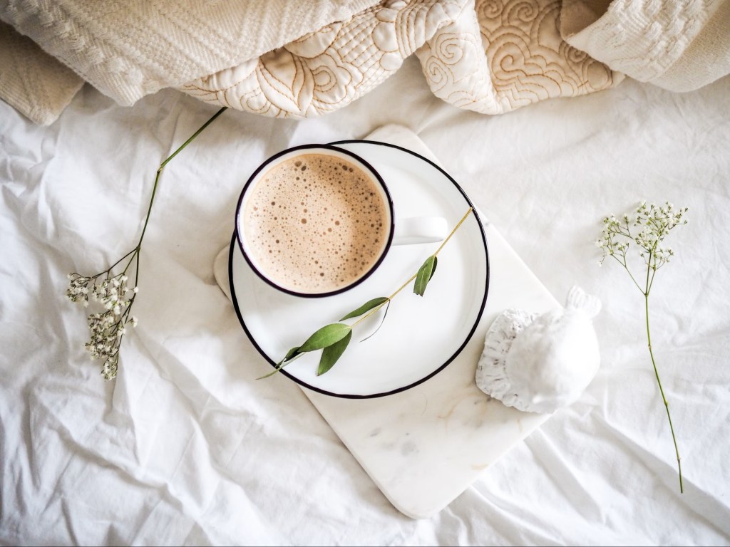 A frothy cup of cappuccino on a saucer with a blanket and flower sprigs around it.